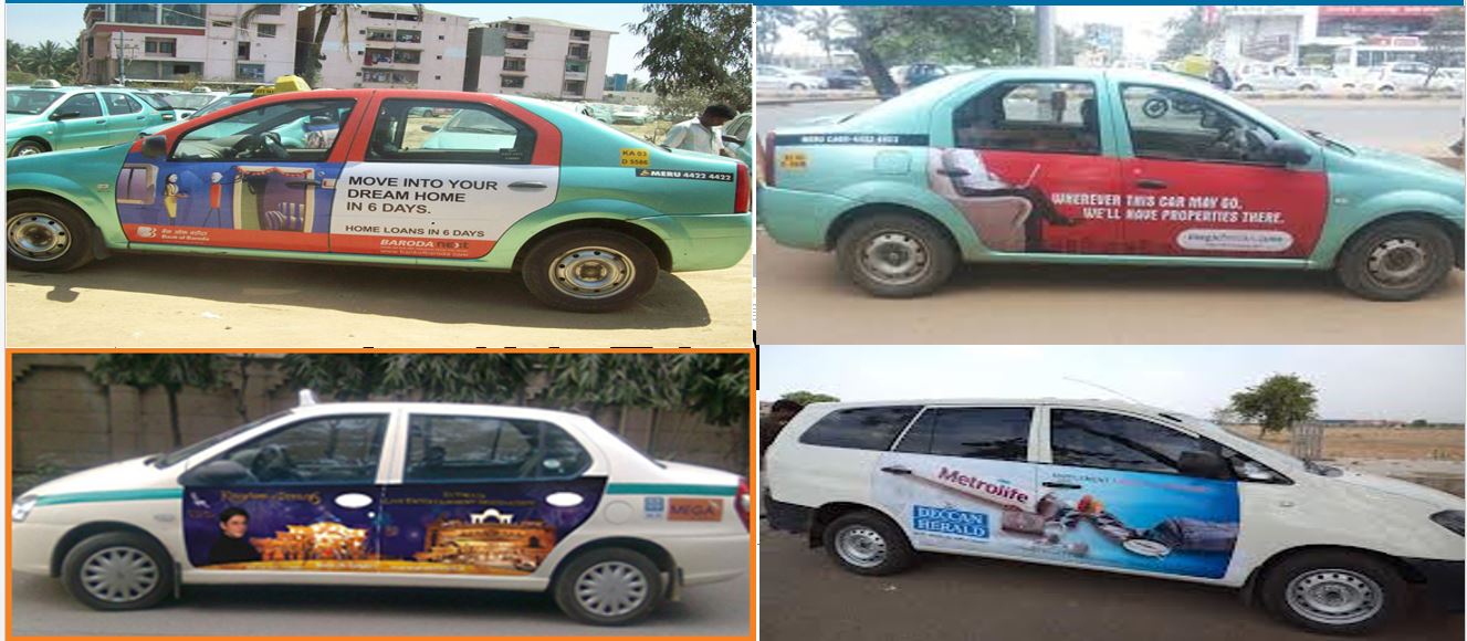 Collage of branded taxi doors and vehicle advertising panels