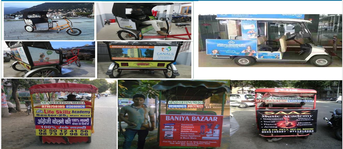 Collage showing advertising panels on e-rickshaws